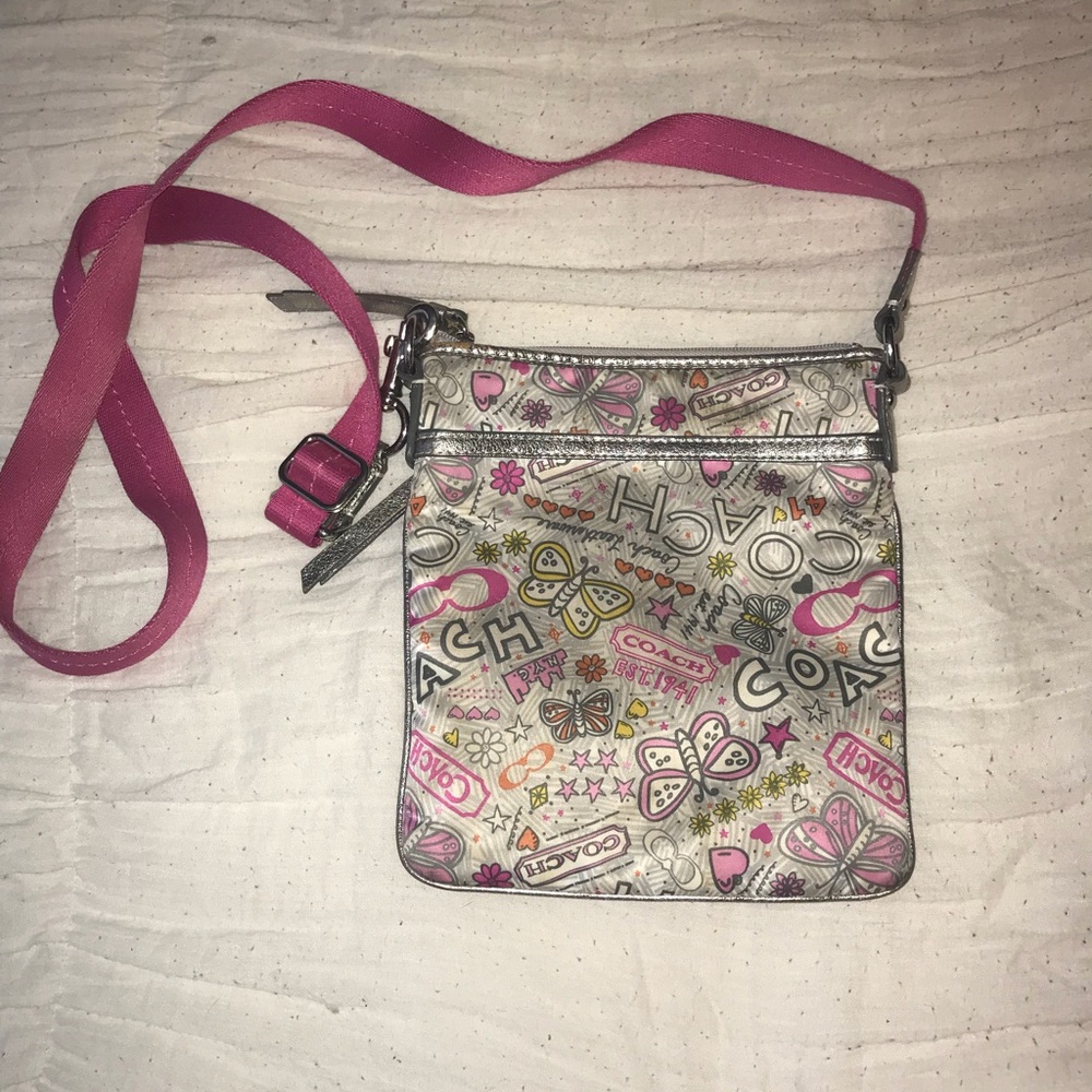 Silver and Pink Printed Coach Crossbody